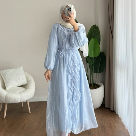 Bel Bağlamalı Fırfırlı Kumru Elbise - Mavi