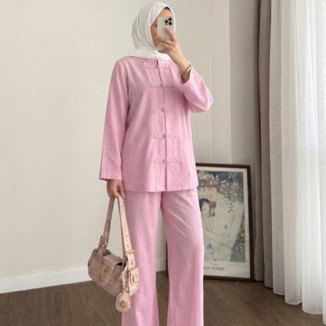 Önü Britli Keten Pantolonlu Tesettür Takım - Pembe
