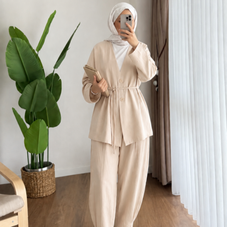 Bel Bağlamalı Şalvar Kesim Pantolonlu Kimono Takım - Bej