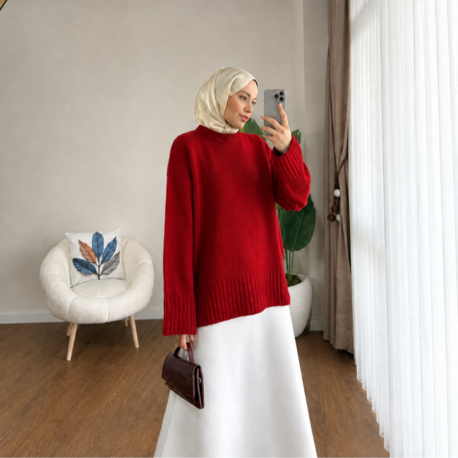 Oversize Bisiklet Yaka Tesettür Kazak - Kırmızı