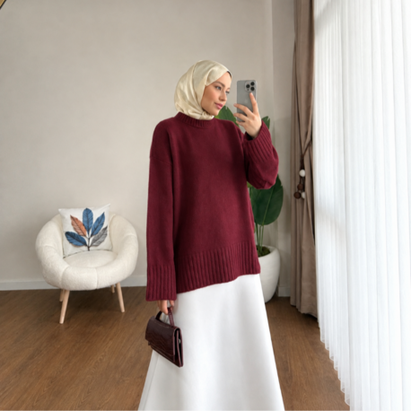 Oversize Bisiklet Yaka Tesettür Kazak - Mürdüm