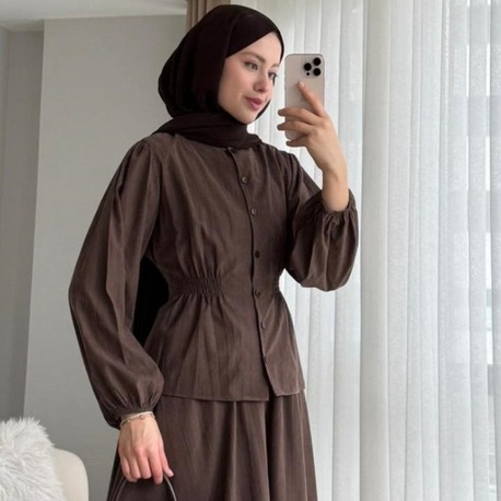 Kraş Modal Kumaş Beli Büzgülü Etekli Takım - Kahverengi