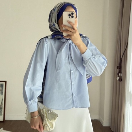 Etek Üstü Yaka Bağlamalı Poplin Gömlek - Mavi