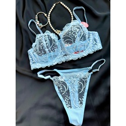 Ask Lingerie Arona Düz Mavi Çiçek Nakis Islemeli Dantelli Balenli Bralet Takim