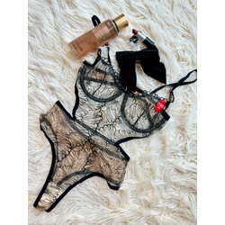 Siyah balenli dantel bodysuit iç çamaşırı 