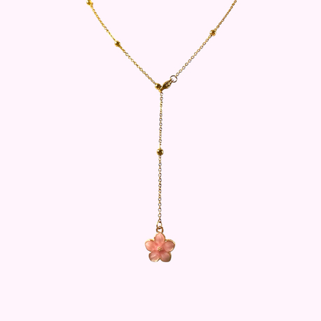 minimal pembe çiçekli Y kolye