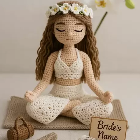 El Yapımı Amigurumi Yoga Gelini – Çıkarılabilir Kıyafetli ve Çiçek Taçlı Özel Bebek