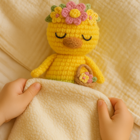 Dikişsiz Amigurumi Uyuyan Ördek – Çiçek Taçlı El Yapımı Oyuncak (PDF Yapım Rehberi)