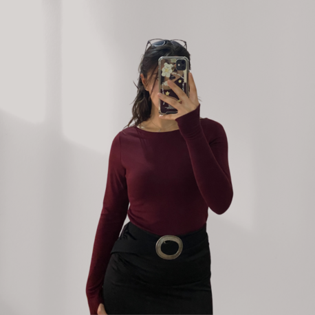 Bordo Kayık Yaka %95 Pamuk Bluz (Oysho Kumaş)