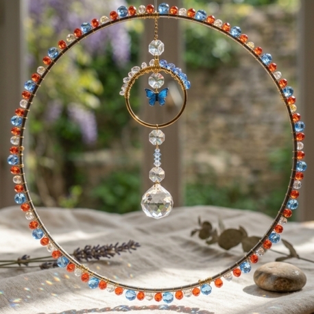  Mavi Kelebek Kristal Suncatcher - 25 cm Güneş Yakalayıcı