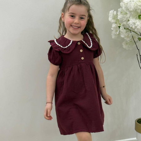Kız Çocuk Bordo Bebe Yaka Elbise 
