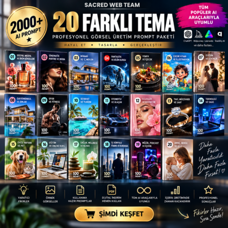 20 FARKLI TEMA – 2000+ PROFESYONEL AI GÖRSEL PROMPT PAKETİ