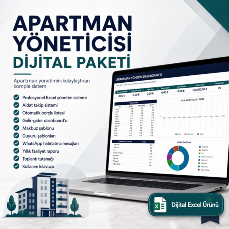 Apartman Yöneticisi Dijital Paketi | Aidat Takip, Gelir-Gider ve Dashboard Excel Sistemi