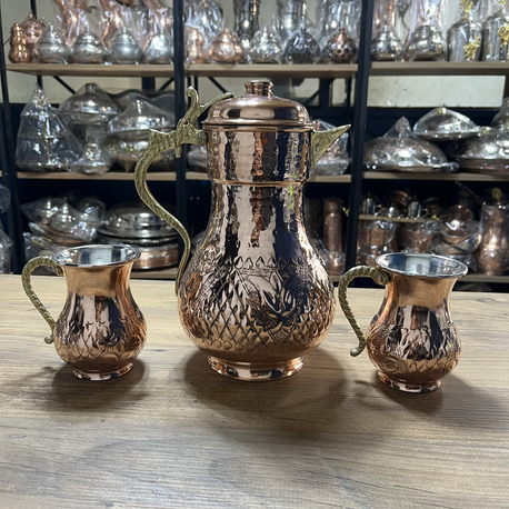 Lale Motifli Kapaklı Bakır Sürahi ve Bardak 