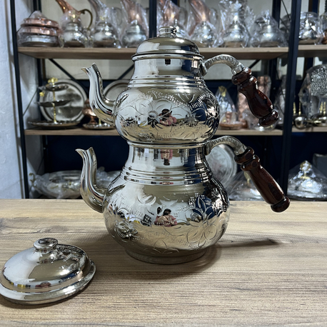 Gümüş Rengi Nakışlı Bakır Çaydanlık No:3