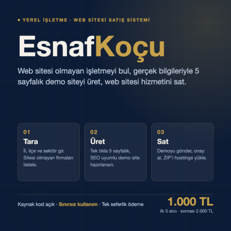 EsnafKoçu — Sitesi Olmayan İşletmeyi Bul, Demo Siteyi Üret, Web Sitesi Sat