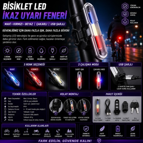 Bisiklet Led İkaz Uyarı Fener Mavi Kırmızı Beyaz Çakarlı USB Şarjlı Stop Lambası