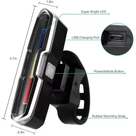 Bisiklet Led İkaz Uyarı Fener Mavi Kırmızı Beyaz Çakarlı USB Şarjlı Stop Lambası
