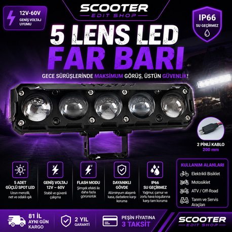 5 Lensli Şimşek Modlu LED Far Barı (12V–60V, Su Geçirmez, Evrensel Bağlantı)