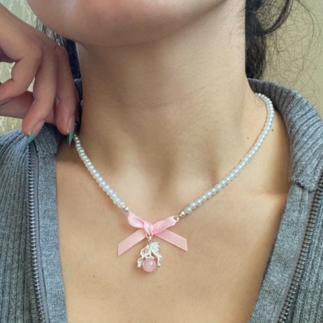 pearly pink ribbon kolye | altın kaplama
