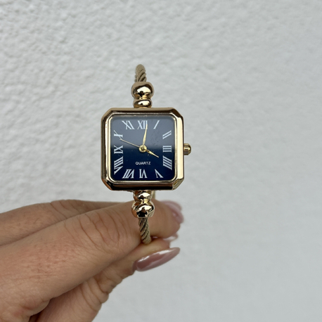 Altın kaplama kare vintage ayarlanabilir kelepçe saat (mavi)