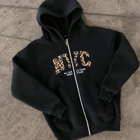 NYC Leopar Desenli Fermuarlı Sweatshirt