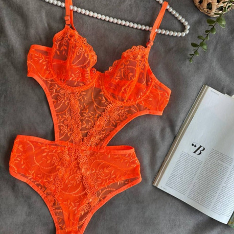 Senselle Neon Turuncu Balenli Floral Dantel Cut-Out Body / Vücut Çorabı