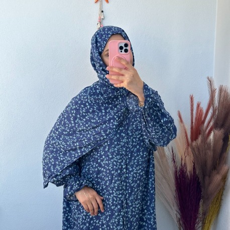 Şal Birleşik Namaz Elbisesi - Mavi Çiçekli