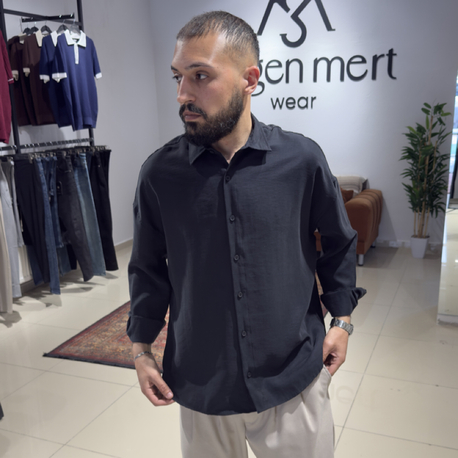 Oversize Yıkamalı Modal Kumaş Gömlek Siyah (Premium) 