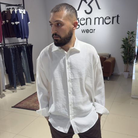 Oversize Tensel Kumaş Gömlek Beyaz