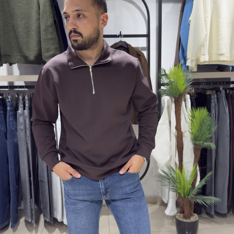 Regular İnterlok Kumaş Yarım Fermuar Sweatshirt Acı Kahve 
