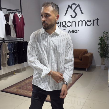 Oversize Siyah Çizgili Modal Gömlek Beyaz 