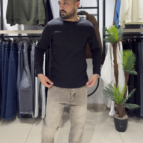 Regular Fitilli Henley Yaka Uzun Kollu Tişört Siyah