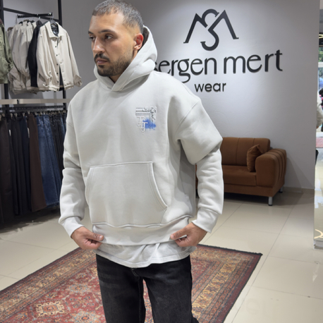 Oversize Baskılı Nakışlı Hoodie Açık Gri  