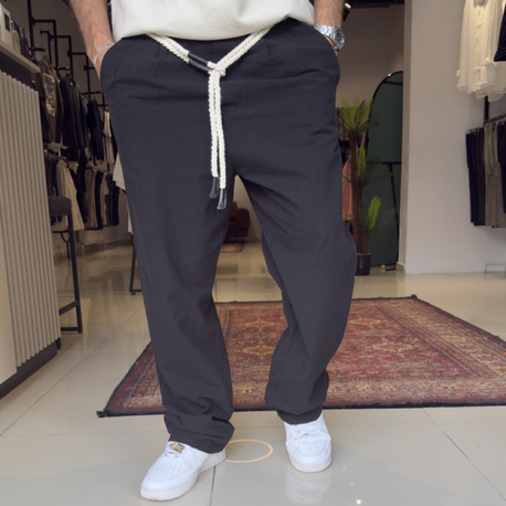 Baggy Kemerli Keten Pantolon Siyah