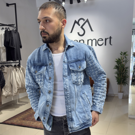 Oversize Kol Detaylı Denim Ceket Buz Mavi