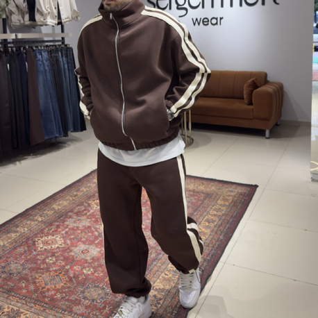 Oversize Şeritli Eşofman Takımı Kahverengi 