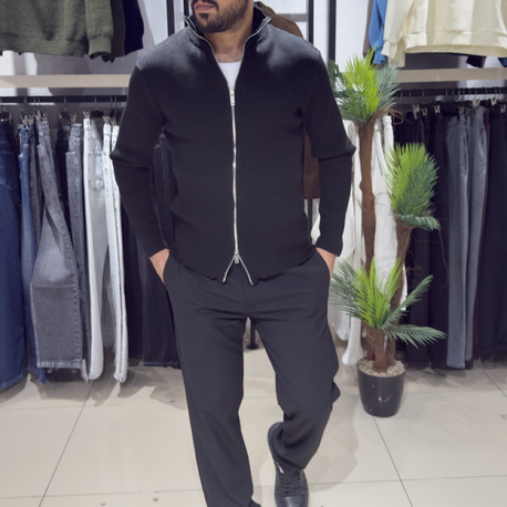 Regular Fit Çift Fermuar Triko Hırka Siyah 