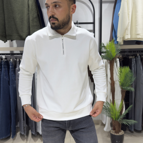 Regular İnterlok Kumaş Yarım Fermuar Sweatshirt Beyaz 
