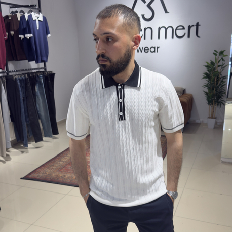 Regular Fit Polo Yaka Örgü Triko Tişört Beyaz (Premium) 