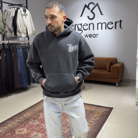 Oversize Yıkamalı Kumaş Baskılı Hoodie Koyu Gri 