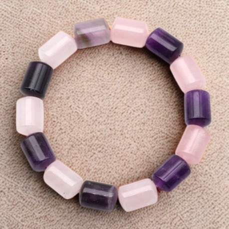 A Kalite Ametist ve Pembe Kuvars Doğal Taş Bileklik - 10 x 14 mm Silindir Kesim