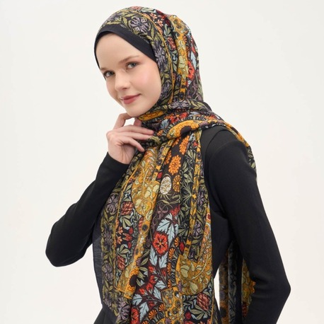 SİLK HOME - Urban Hours Floral Motif Desen Siyah Mayda Şal 190x70