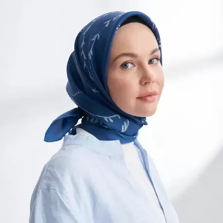 ARMANDA - 4313 Çift Taraflı Muse Desen Twıll İpek Eşarp - İndigo-Kot Mavisi