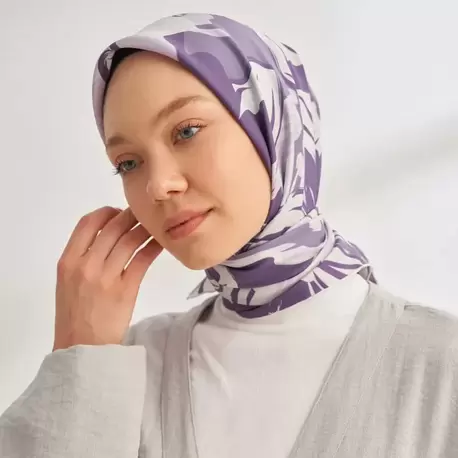 ARMANDA - 4351 Dahlia Desen Twill İpek Eşarp - Mürdüm