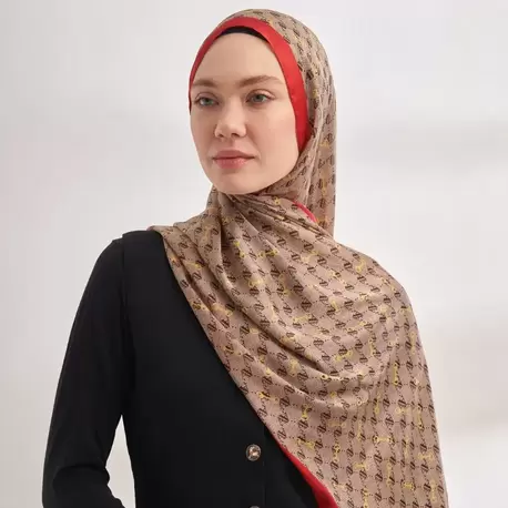 ARMANDA - 3361 Monogram Desen Şal - Bej - Kırmızı