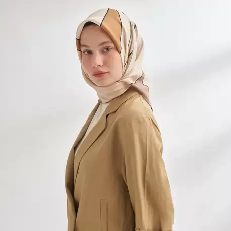 ARMANDA - 4355 İnaya Desen Twill İpek Eşarp - Vizon Kamel