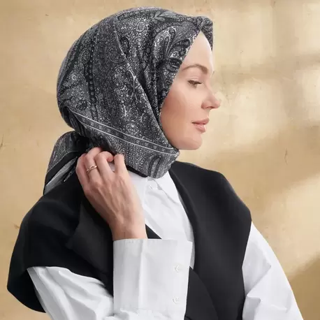 ARMANDA - 3155 Vintage Desen Eşarp - Siyah Gri