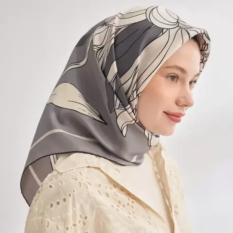 ARMANDA - 4356 Ivory Desen Twill İpek Eşarp - Gri