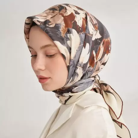 ARMANDA - 4359 Abstract Bloom Desen Twill İpek Eşarp - Gri Kahve